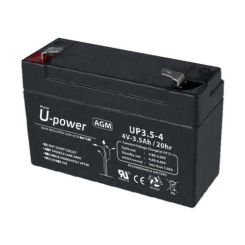Upower - Genopladelig batteri - AGM bly-syre teknologi - Spænding 4 V - Kapacitet 3.5 Ah - 65 x 90 x 34 / 420 g - Til backup eller direkte brug
