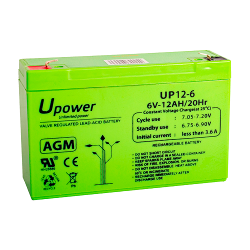 Upower - Genopladelig batteri - AGM bly-syre teknologi - Spænding 6 V - Kapacitet 12.0 Ah - 100 x 151 x 51 / 1800 g - Til backup eller direkte brug