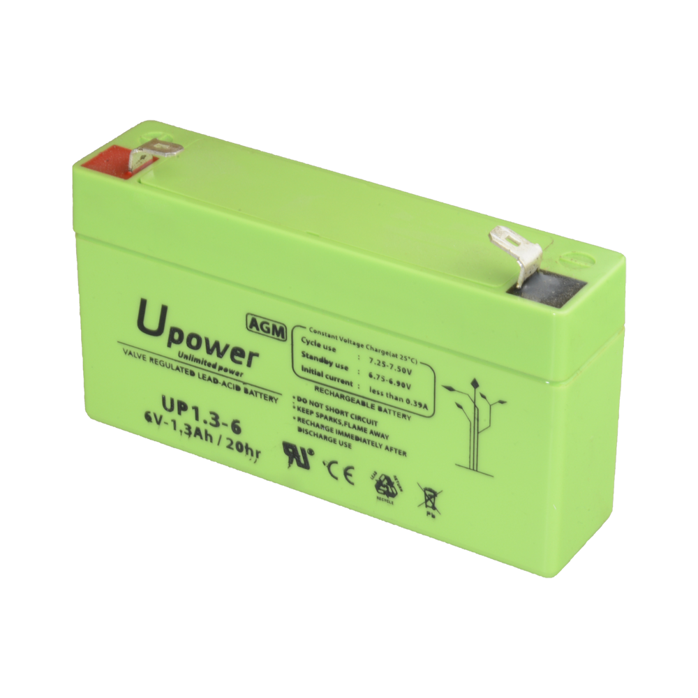 Upower - Genopladelig batteri - AGM bly-syre teknologi - Spænding 6 V - Kapacitet 1.3 Ah - 97 x 57.5 x 24 / 290 g - Til backup eller direkte brug