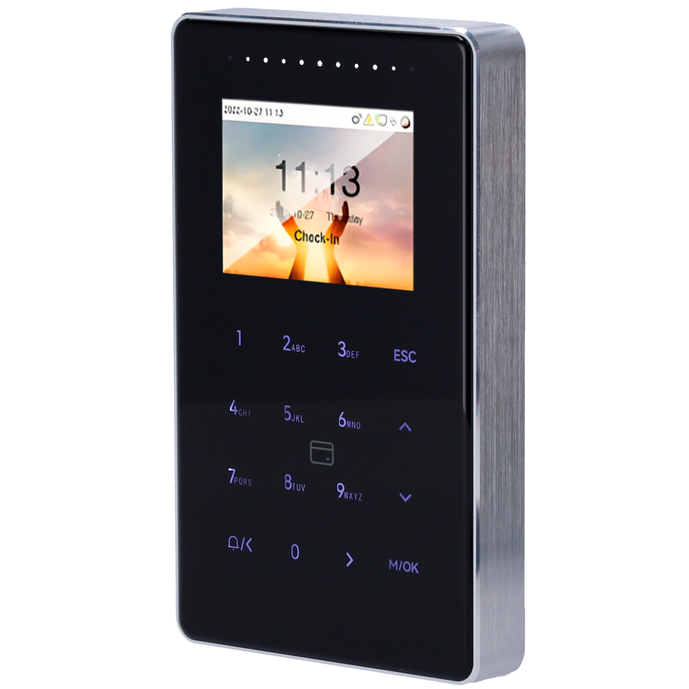 Adgangs- og tidsregistreringskontrol IP65 IK04 - EM/MF kort og PIN - 50.000 kort | 200.000 registreringer - 2.4" TFT | TCP/IP, WiFi, RS485 og Wiegand - Soft. Tidsregistrering: ZKBioTime 8 og GoTime Cloud - Soft. Adgang: ZKBioCV