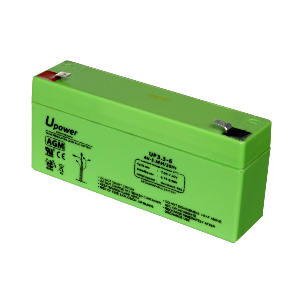 Upower - Genopladelig batteri - AGM bly-syre teknologi - Spænding 6 V - Kapacitet 3.2 Ah - 66 x 134 x 34 / 670 g - Til backup eller direkte brug