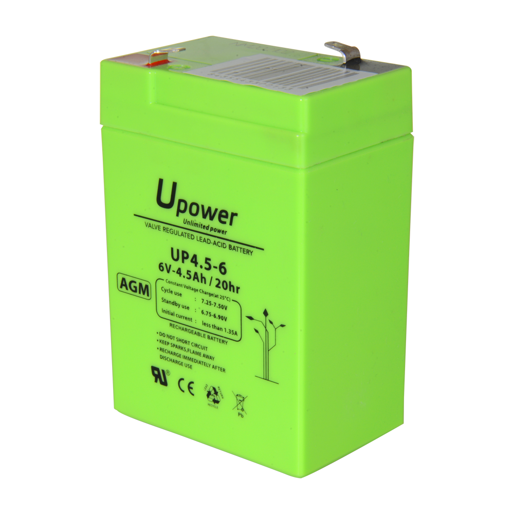 Upower - Genopladelig batteri - AGM bly-syre teknologi - Spænding 6 V - Kapacitet 4.5 Ah - 106 x 70 x 47 / 810 g - Til backup eller direkte brug