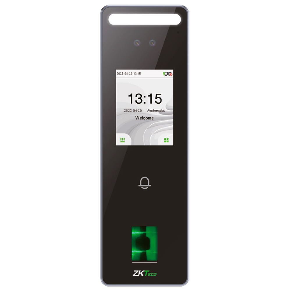IP65 Adgangs- og tidsregistreringskontrol - Ansigts-, fingeraftryk, MF kort og PIN - 3.000 fingeraftryk | 200.000 registreringer - 2.4" TFT touchscreen | TCP/IP, WiFi, RS485 og Wiegand - Software: ZKBioTime 8 og GoTime Cloud - Adgangssoftware: ZKBioCV