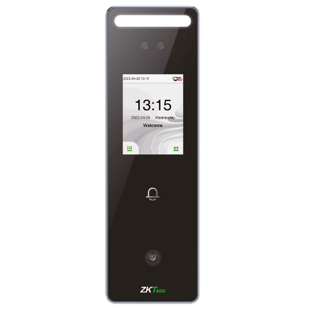 IP65 Adgangs- og tidsregistreringskontrol - Ansigts-, EM kort, QR og PIN - 3.000 QR koder | 200.000 registreringer - 2.4" TFT touchscreen | TCP/IP, WiFi, RS485 og Wiegand - Software: ZKBioTime 8 - Adgangssoftware: ZKBioCV