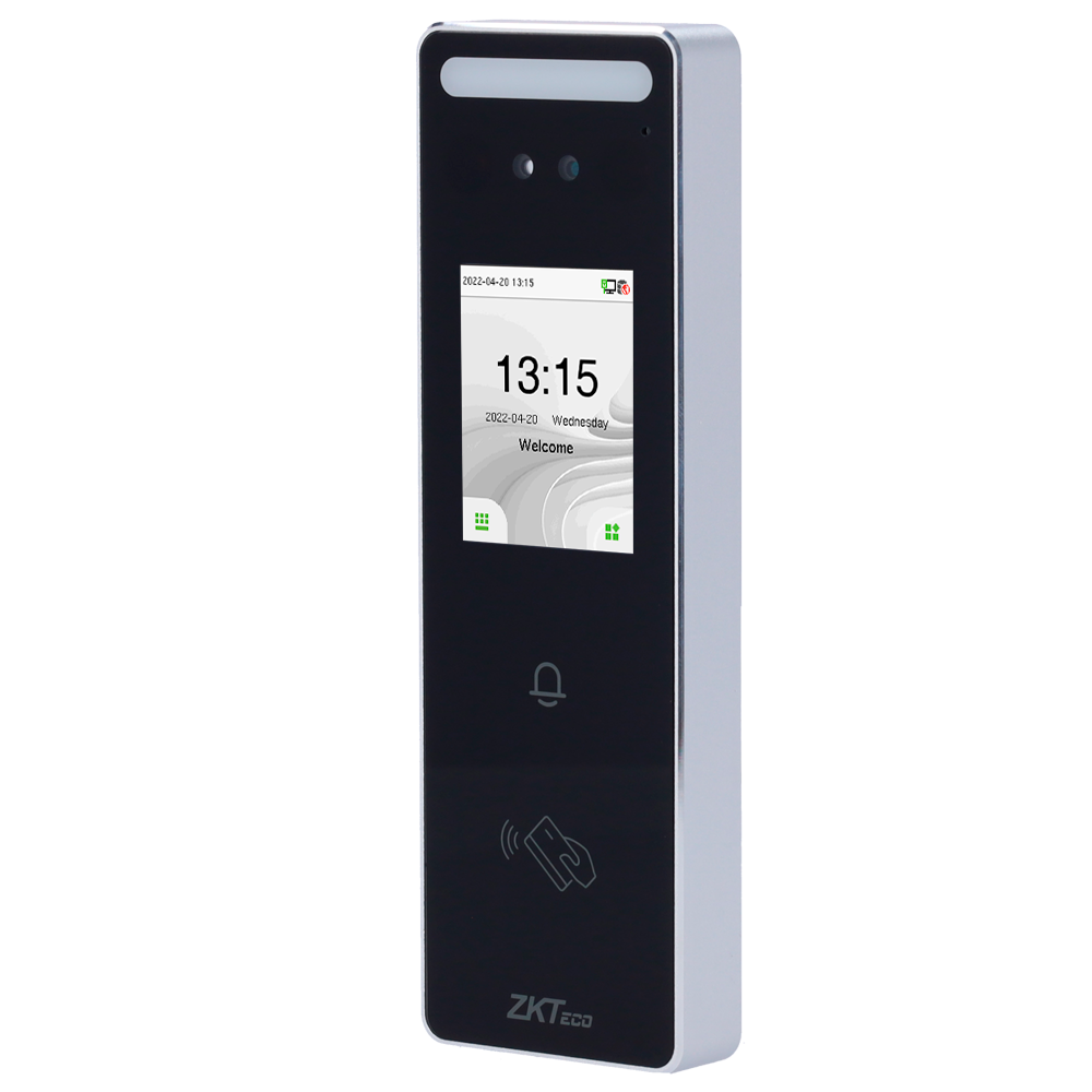 IP65 Adgangs- og tidsregistreringskontrol - Ansigts-, EM kort og PIN - 3.000 kort | 200.000 registreringer - 2.4" TFT touchscreen | TCP/IP, WiFi, RS485 og Wiegand - Software: ZKBioTime 8 og GoTime Cloud - Adgangssoftware: ZKBioCV