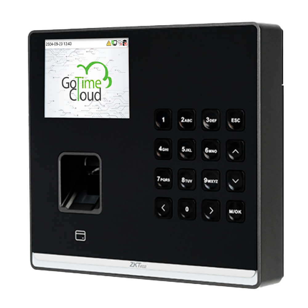 Simpel tids- og adgangskontrol - Fingeraftryk, EM kort og PIN - 3.000 fingeraftryk | 150.000 registreringer - 2.8" TFT | TCP/IP, WiFi, USB og relæ - Software: GoTime Cloud