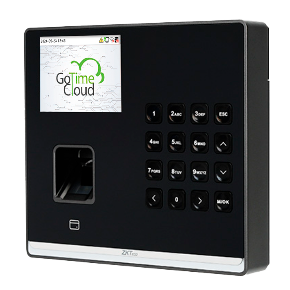 Simpel tids- og adgangskontrol - Fingeraftryk, EM kort og PIN - 3.000 fingeraftryk | 150.000 registreringer - 2.8" TFT, TCP/IP, WiFi, USB og relæ - Tidsregistreringssoftware: GoTime Cloud