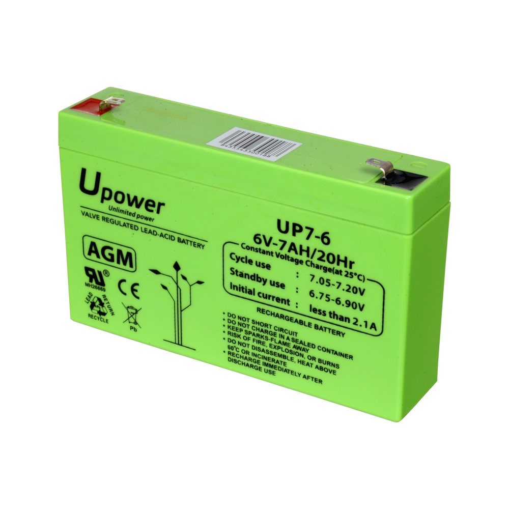 Upower - Genopladelig batteri - AGM bly-syre teknologi - Spænding 6 V - Kapacitet 7.0 Ah - 100 x 151 x 34 / 1150 g - Til backup eller direkte brug