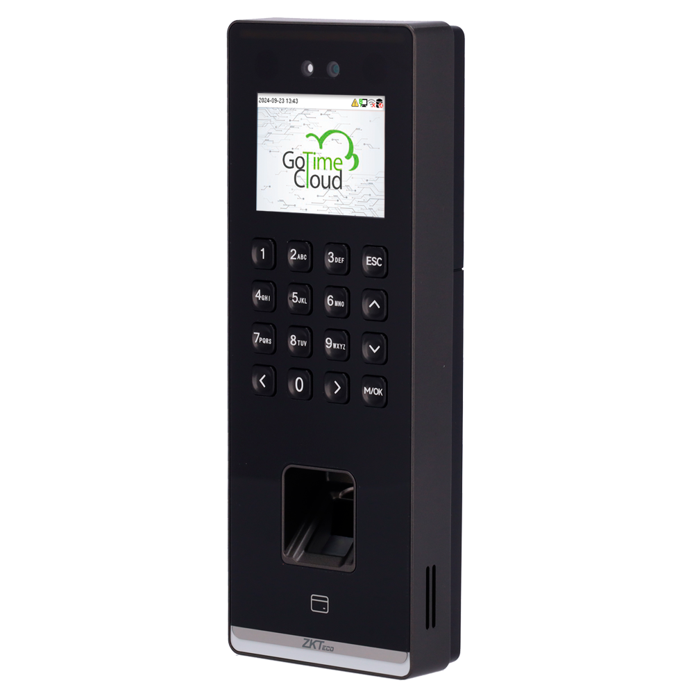 Simpel Tids- og Møderegistrering og Adgangskontrol - Ansigtsgenkendelse, fingeraftryk, EM-kort og PIN - 1.000 fingeraftryk | 150.000 records - 2.4" TFT, TCP/IP, WiFi, USB og Relæ - Tids- og Mødesoftware: GoTime Cloud