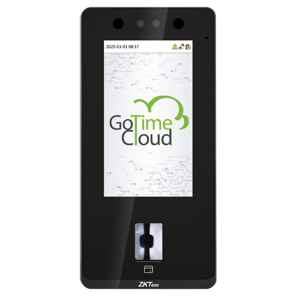 Tids- og møderegistrering og simpel adgangskontrol IP65 - Ansigtsgenkendelse, fingeraftryk, EM-kort og PIN - 8.000 fingeraftryk | 300.000 records - 4.3" TFT touchscreen, TCP/IP, USB og relæ - Tids- og Mødesoftware: GoTime Cloud