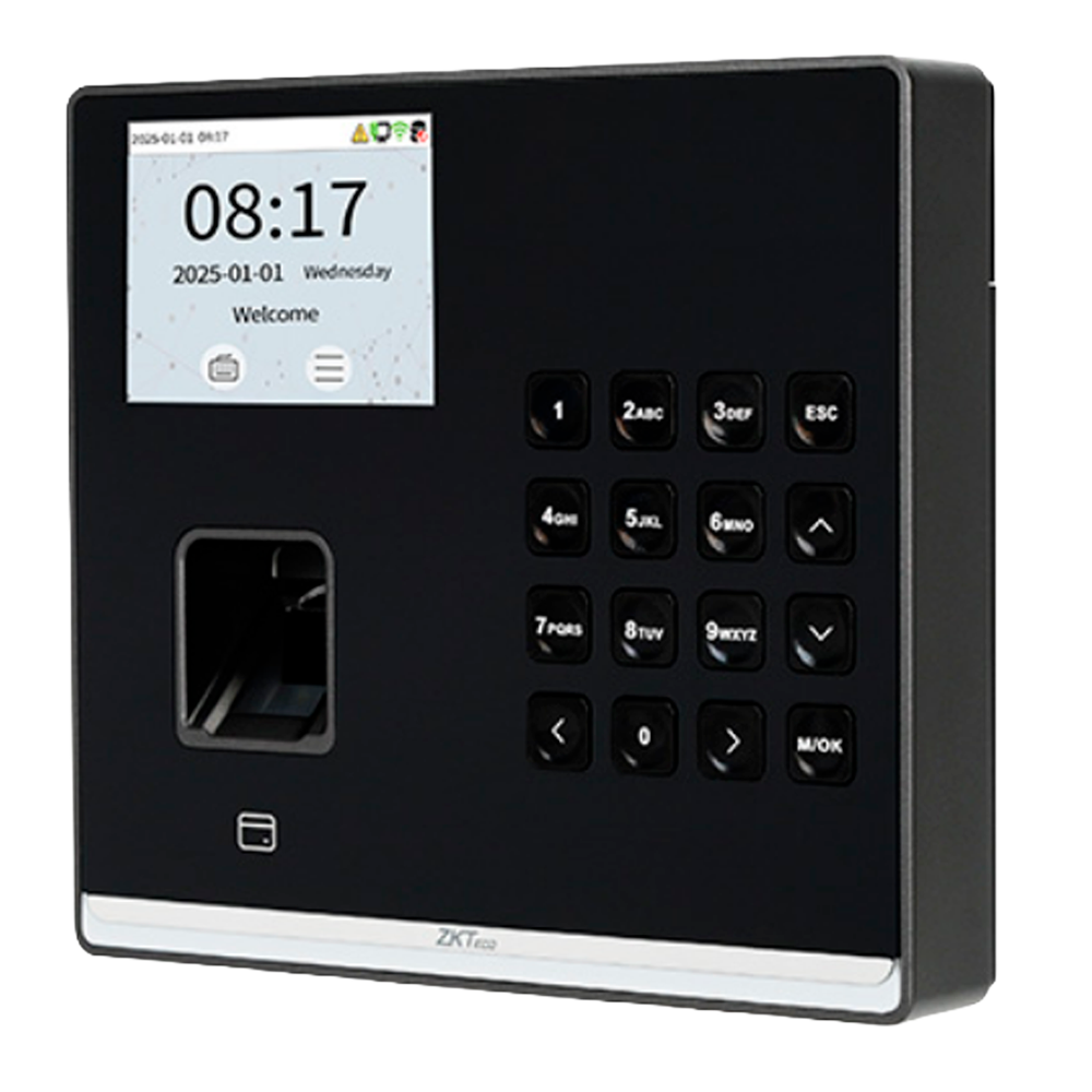 Simpel tid- og fremmødekontrol samt adgangskontrol - Fingeraftryk, EM-kort og PIN - 3.000 fingeraftryk | 150.000 poster - 2,8" TFT, TCP/IP, WiFi, USB og relæ - Software Fremmøde: ZKBioTime 8 og GoTime Cloud