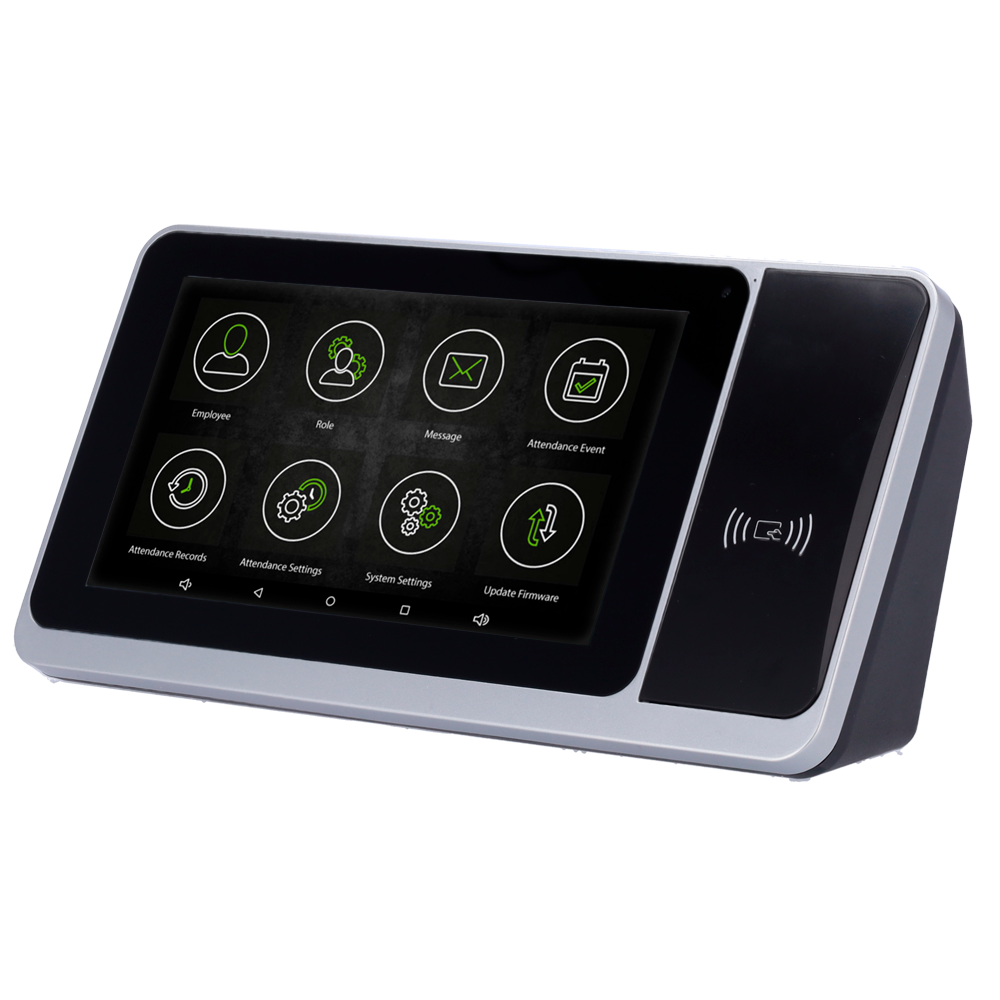 Android tidsregistrering med kamera - EM/MF/DESFire og PIN kort - 10.000 kort | 200.000 registreringer - 7" TFT touchskærm, TCP/IP, WiFi, USB og microSD - Software: ZKBioTime 8 og GoTime Cloud - BioTime Web embedded til 50 brugere