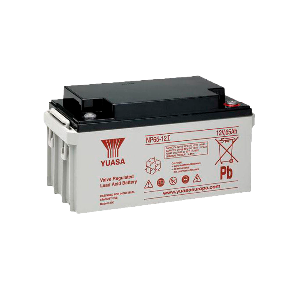 Yuasa NP65-12I - Genopladelig batteri - AGM blysyre teknologi - Spænding 12 V / Kapacitet 65 Ah - 174 x 350 x 166 mm / 23 kg - Brand- og evakueringscerti­ficeret
