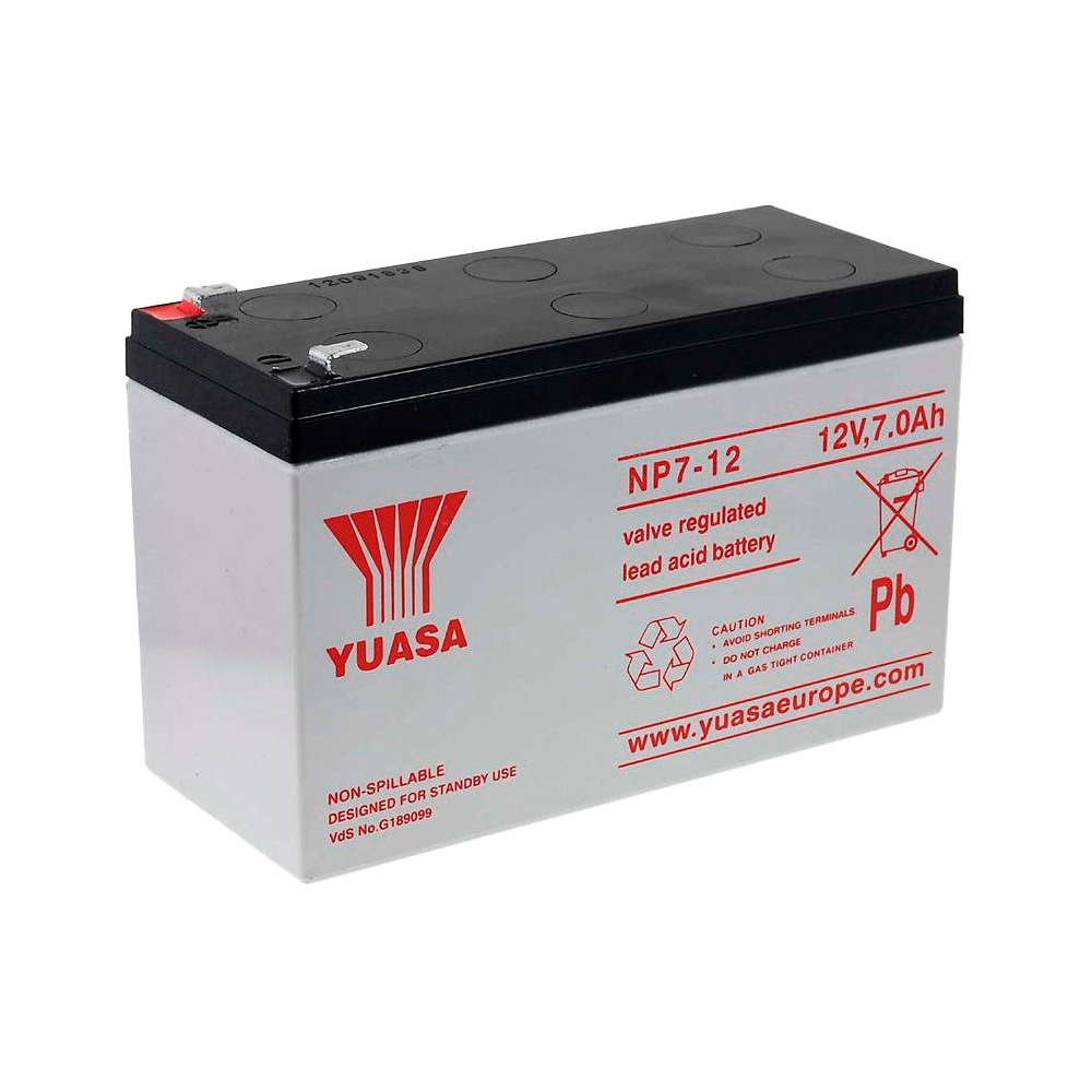 Yuasa NP7-12 - Genopladelig batteri - AGM blysyre teknologi - 7 Ah kapacitet / 12 V - 65 x 151 x 97,5 / 2200 g - Til backup eller direkte brug