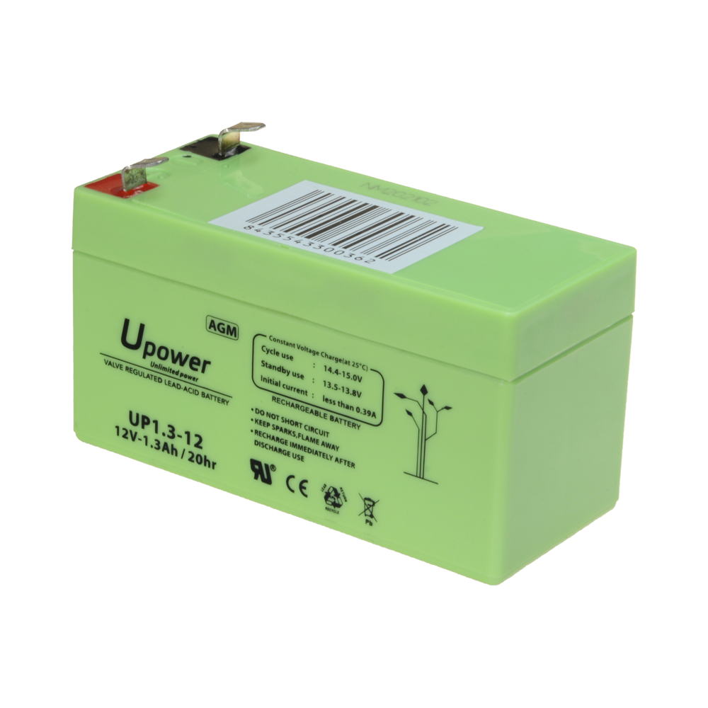 Upower - Genopladelig batteri - AGM blysyre teknologi - Spænding 12 V - Kapacitet 1,3 Ah - 58 x 97 x 43 mm / 570 g - Til backup eller direkte brug