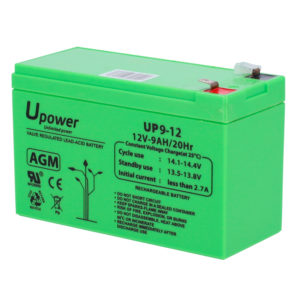 Upower - Genopladelig batteri - AGM blysyre teknologi - Spænding 12 V - Kapacitet 9,0 Ah - 95 x 151 x 65 mm / 2660 g - Til backup eller direkte brug