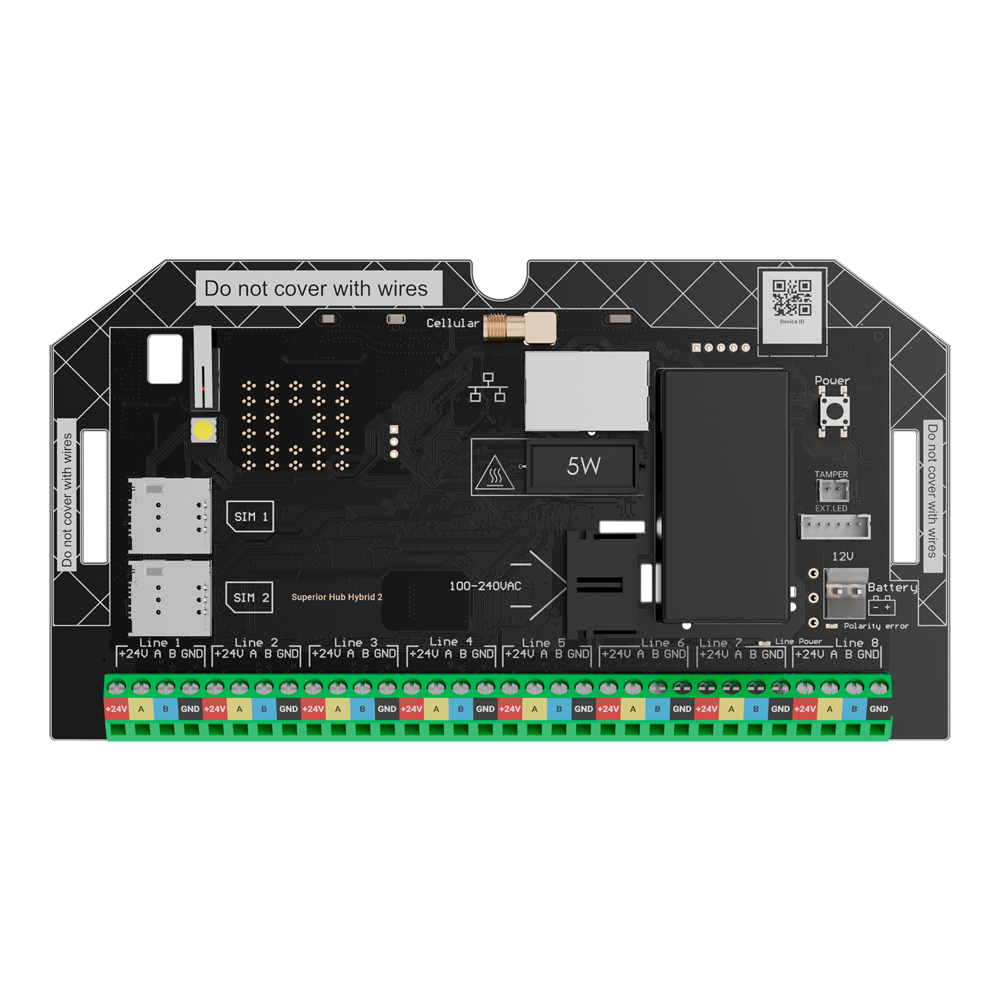 Alarmcentral - Klasse 3 - Trådløs: Superior Jeweller og TurboWings - Kabelført: Fiber - Ethernet og dual SIM-kommunikation 4G(LTE)/3G/2G - Op til 250 trådløse og kabelførte enheder - 200 brugere og 25 sikkerhedsgrupper