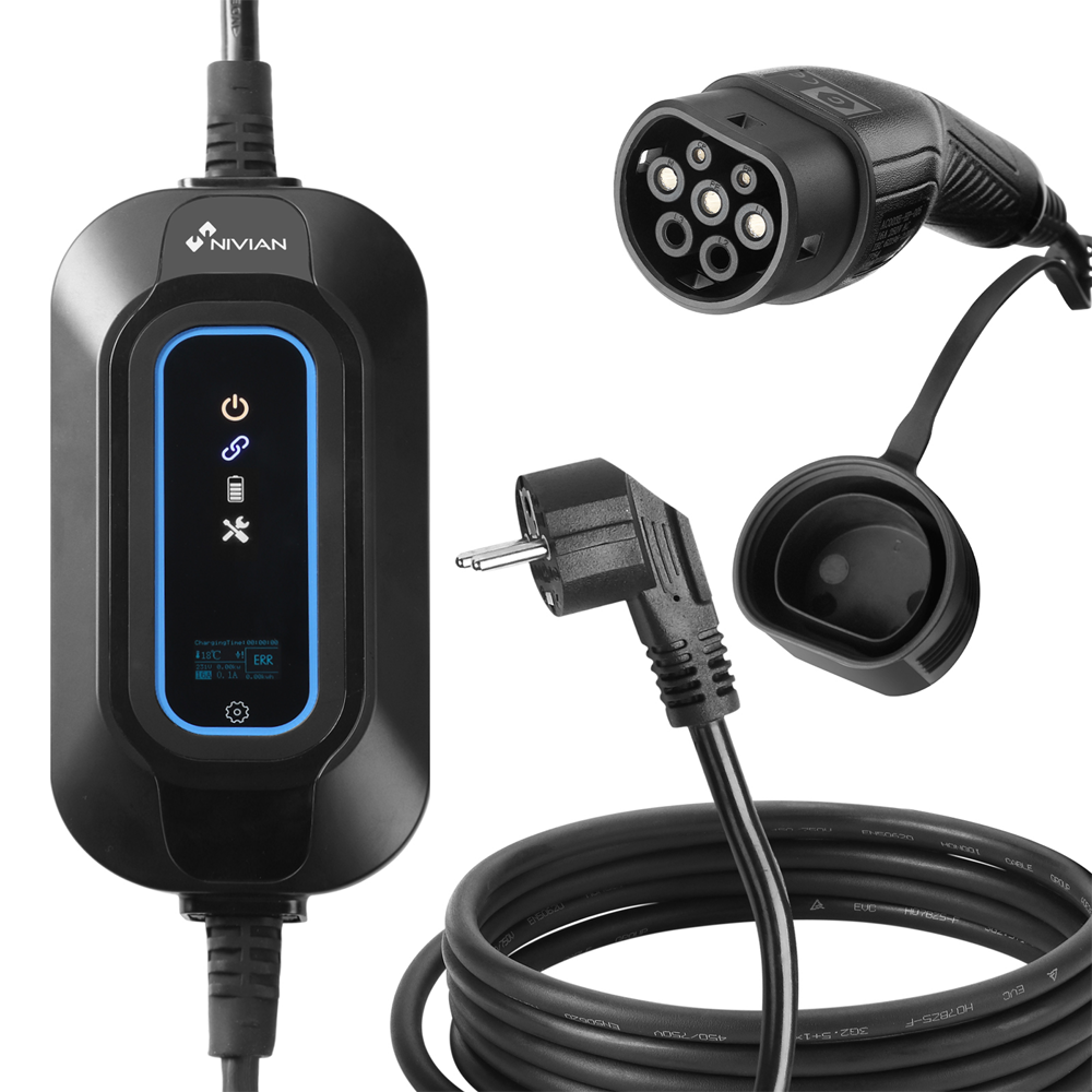Bærbar oplader til elektriske køretøjer - Effekt 3,7kW / 16A / enfaset - Stiktype 2 - Beskyttelse IP65 - Plug and Charge - Schuko-stik