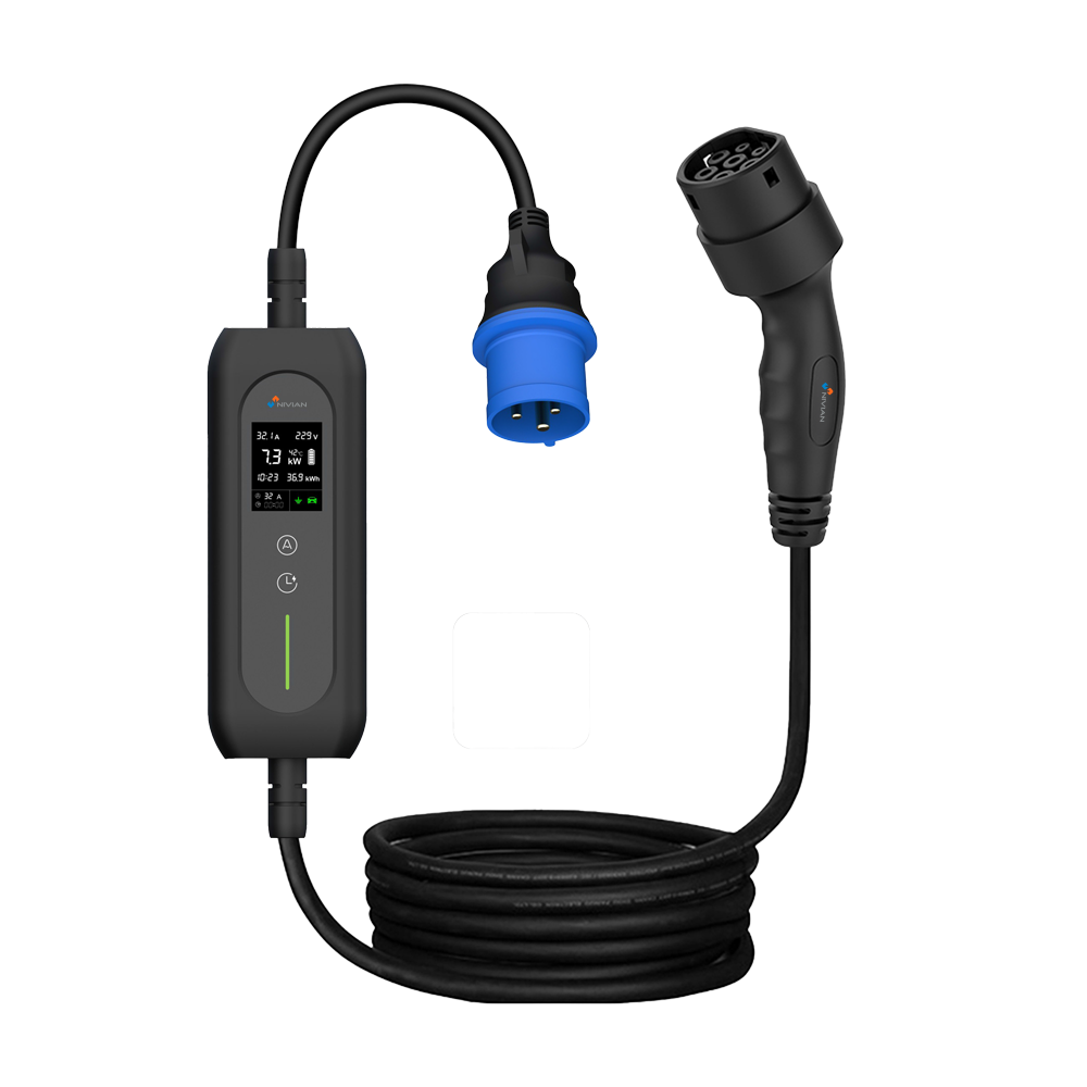Bærbar oplader til elektriske køretøjer - Effekt 7,4kW / 32A / Enfaset - Stiktype 2 - Beskyttelse IP54 - Overvågning med Tuya Smart - 5m kabel inkluderet