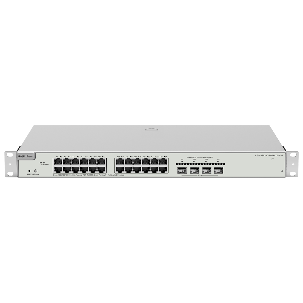 Ruijie Reyee Cloud Managed L3-switch V2 - 28 porte i alt (24 PoE+ / 4 Uplinks 10G SFP+) - Ultra-hurtige 10 Gbps fiberforbindelser - Stabil PoE+ strømudgang på 30W / Budget 370W - DHCP-server og VCS Virtual Interconnect - Design V2 optimeret med 5 års garanti