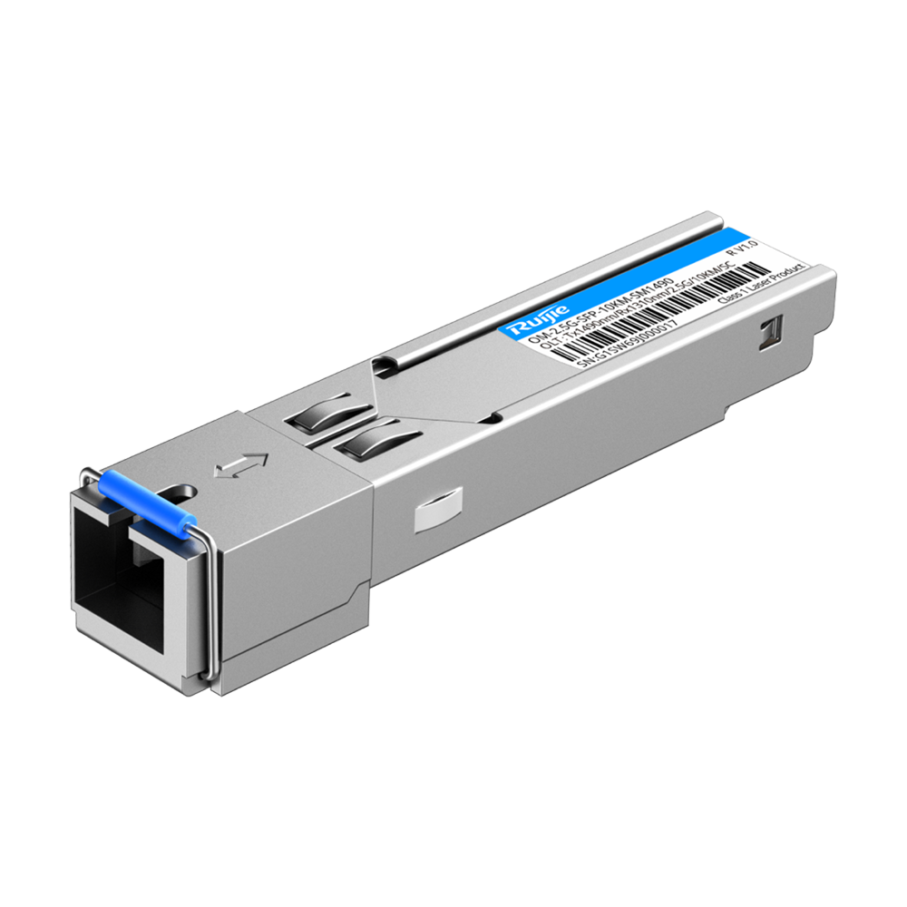 2,5G e-Lighten optisk transceiver - Single-mode single-fiber design til afstande på 10 km - Ideel til campus-miljøer, hoteller og små til mellemstore virksomheder - SC/UPC stik til passive optiske løsninger - Lavt strømforbrug på mindre end 1W - Kompatibel med hele Ruijie e-Lighten løsningen
