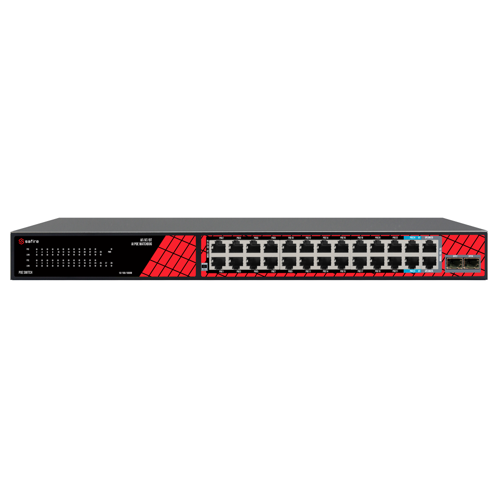 Safire Switch Hi-PoE - 24 PoE-porte + 2 RJ45 Uplink + 2*MGESFP Uplink - Fast Ethernet port hastighed 10/100 Mbps - 22 PoE+ porte 30W + 2 Hi-PoE porte 60W - PoE Watchdog - Op til 300W samlet PoE-strøm