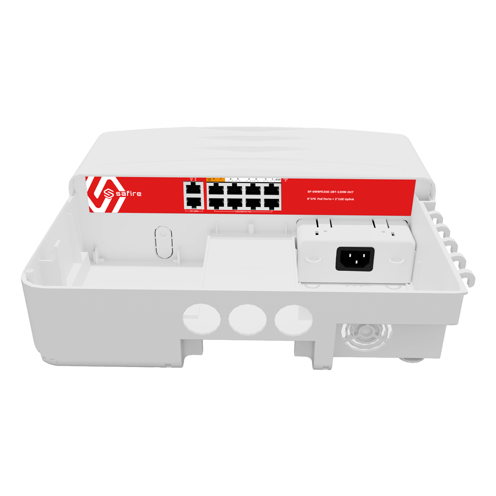 Safire Switch Hi-PoE Outdoor - 8 FE PoE-porte + 2 Uplink RJ45 - Hybrid 8x10/100Mbps + 2x10/100/1000Mbps - 6 PoE+ Porte 30W + 2 Hi-PoE Porte 60W - PoE Watchdog - Op til 120W samlet PoE-strøm