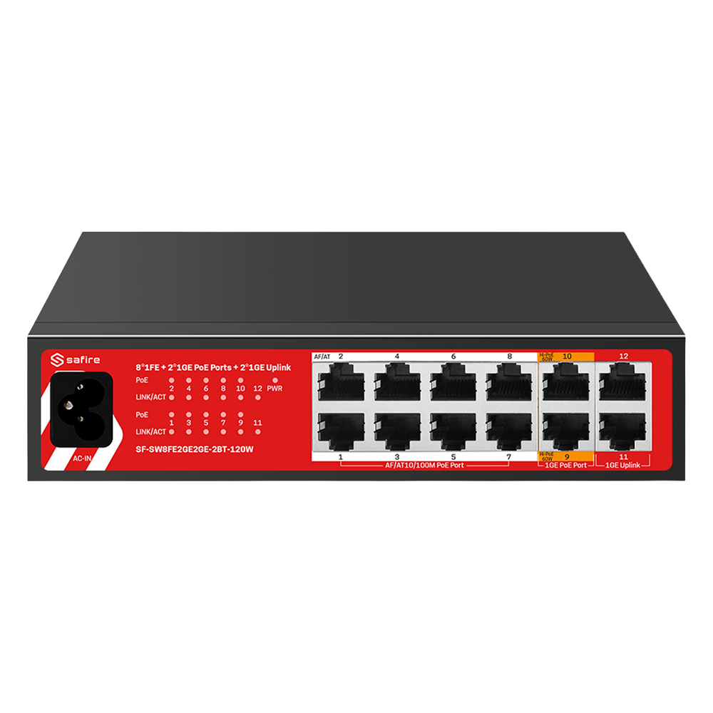 Safire Switch Hi-PoE - 10 PoE-port(e) + 2 oplinks-port(e) - 8x10/100Mbps + 4x10/100/1000Mbps - 8 PoE+ porte 30W + 2 Hi-PoE porte 60W - PoE Watchdog - Op til 120W samlet PoE-strøm