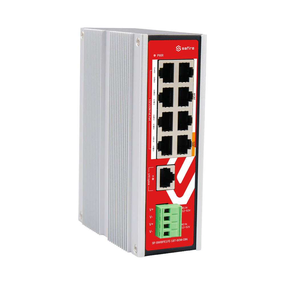 Safire Industrial Hi-PoE DIN-switch - 8 FE PoE-porte + 1 Uplink RJ45 - 8x10/100Mbps + 1x10/100Mbps - 7 PoE+ porte 30W + 1 Hi-PoE port 60W - DC-indgangsspænding 12V - 52V - Op til 80W samlet PoE-strøm
