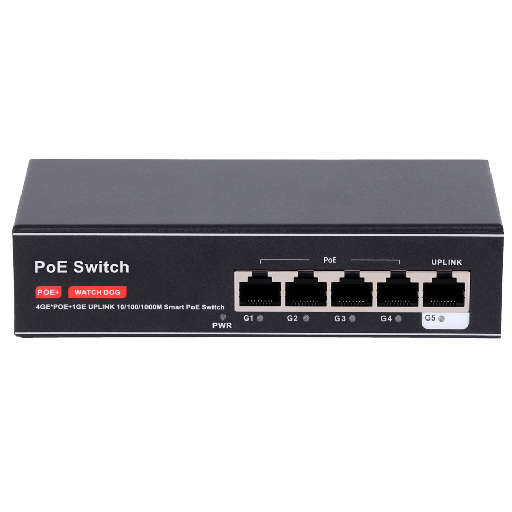 PoE Switch - 4 PoE port(e) + 1 op-link port(e) - Hastighed op til 1000 Mbps på alle porte - Op til 60W i alt for alle porte - Båndbredde 10 Gbps - PoE IEEE 802.3 af/at