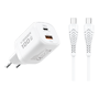 VEGER - Vægoplader - Hurtigoplading 100W | Drevet af GaN-teknologi - USB-C og USB-A udgange - USB-C til USB-C-kabel 1,2 m inkluderet - Hvid farve