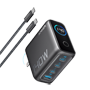 Anker - Foldbar USB-oplader - 140W strømforsyning | Smart Display - Hurtig opladning | GaN-teknologi - 1x USB-A, 3x USB-C udgange - Farve: grå | Kabel 1,5m inkluderet