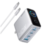 Anker - Sammenklappelig USB-oplader - Effekt 140W | Smart Display - Hurtig opladning | GaN-teknologi - 1x USB-A, 3x USB-C udgange - Sølv | Kabel 1,5m inkluderet