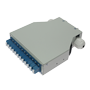 Fiberfordelerbox til DIN-skinne - Inkluderer 12 præmonterede LC duplex-adaptere - UPC-polering for lavt optisk signaltab - Integreret intern forbindelseskasse - Leveres tom; pigtails er ikke inkluderet - Robust gråt udvendigt design