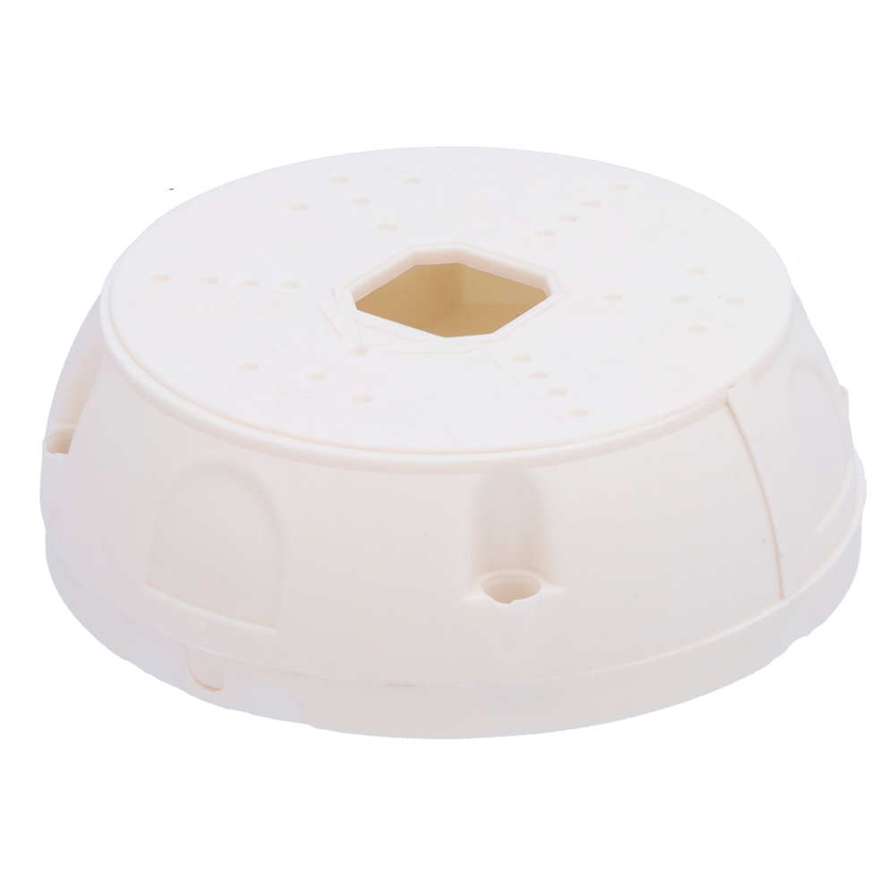 Forbindelsesboks til bullet og dome kameraer - Egnet til udendørs brug - Væg eller loft installation - Fremstillet af plastik - Hvid farve - Intern kabeladgang cover - Ø base 141,95 mm / Ø monteringszone 116,91 mm / 47,89 (Fo) mm