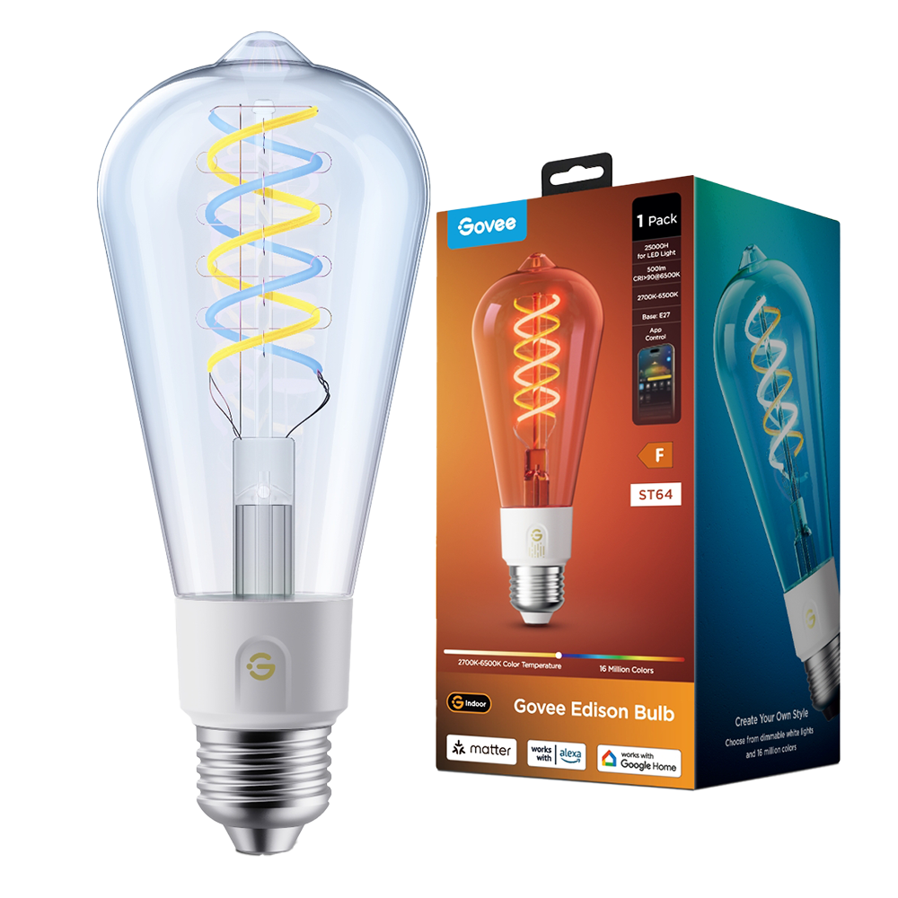 Govee Edison Smart Pære ST64 E27 - Wi-Fi 2,4 GHz + Bluetooth - Segmenteret farve + varm/kølig hvid - Lysintensitet 500 lumen / 6500 K - Matter / Homekit / Alexa / Google Home - Til indendørs brug