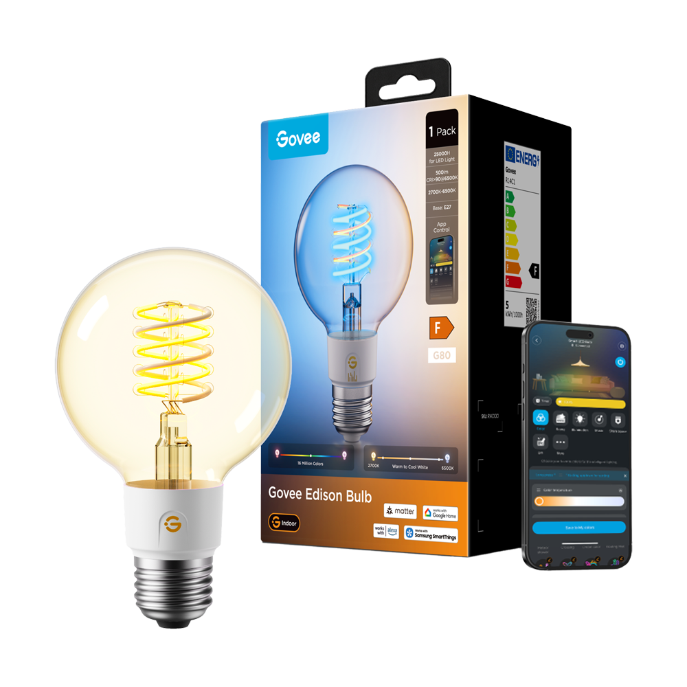 Govee Edison Smart Pære G80 E27 - Wi-Fi 2,4 GHz + Bluetooth - Segmenteret farve + varm/kølig hvid - Lysstyrke 500 lumen - Matter / Homekit / Alexa / Google Home - Til indendørs brug