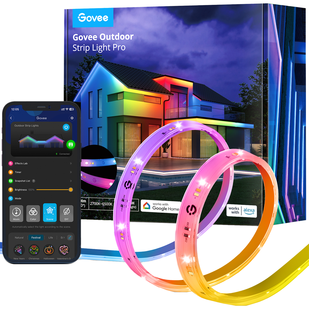 Govee Phantasy Smart LED Strip 10m - Wi-Fi 2.4 GHz + Bluetooth - Segmenteret RGBWW-farve - 200 lumen/m - Matter / Homekit / Alexa / Google Home - Udendørs IP65