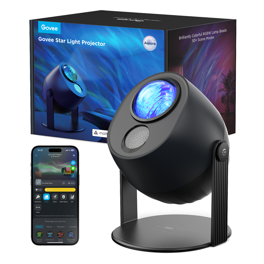Govee Star Light Projector - Wi-Fi 2,4 GHz + Bluetooth - RGBW-farve / 16 millioner farver - 18 hvide støjlyde - Matter / HomeKit / Alexa / Google Home - Til indendørsbrug