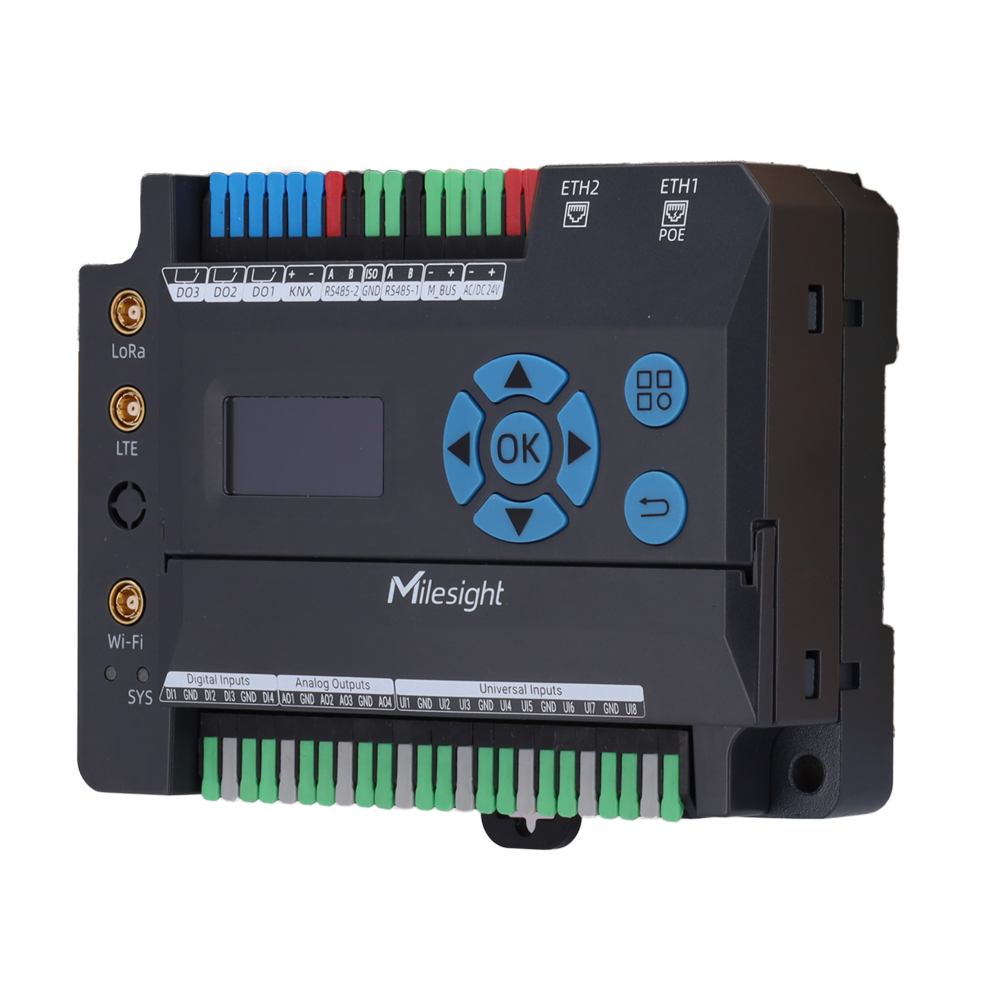8 universelle indgange + 4 digitale indgange + 3 relæer + 4 analoge udgange - LoRaWAN 8 kanaler 27 dBm + 4G CAT1 + Wi-Fi + 2×GbE - RS485 Modbus/BACnet + KNX/TP1 + M-BUS native - Node-RED, Docker og Python SDK til lokal automatisering - VPN multipath (OpenVPN/IPsec/WireGuard) + firewall - OLED-display 1,3" + NFC + USB-C + PoE 802.3af