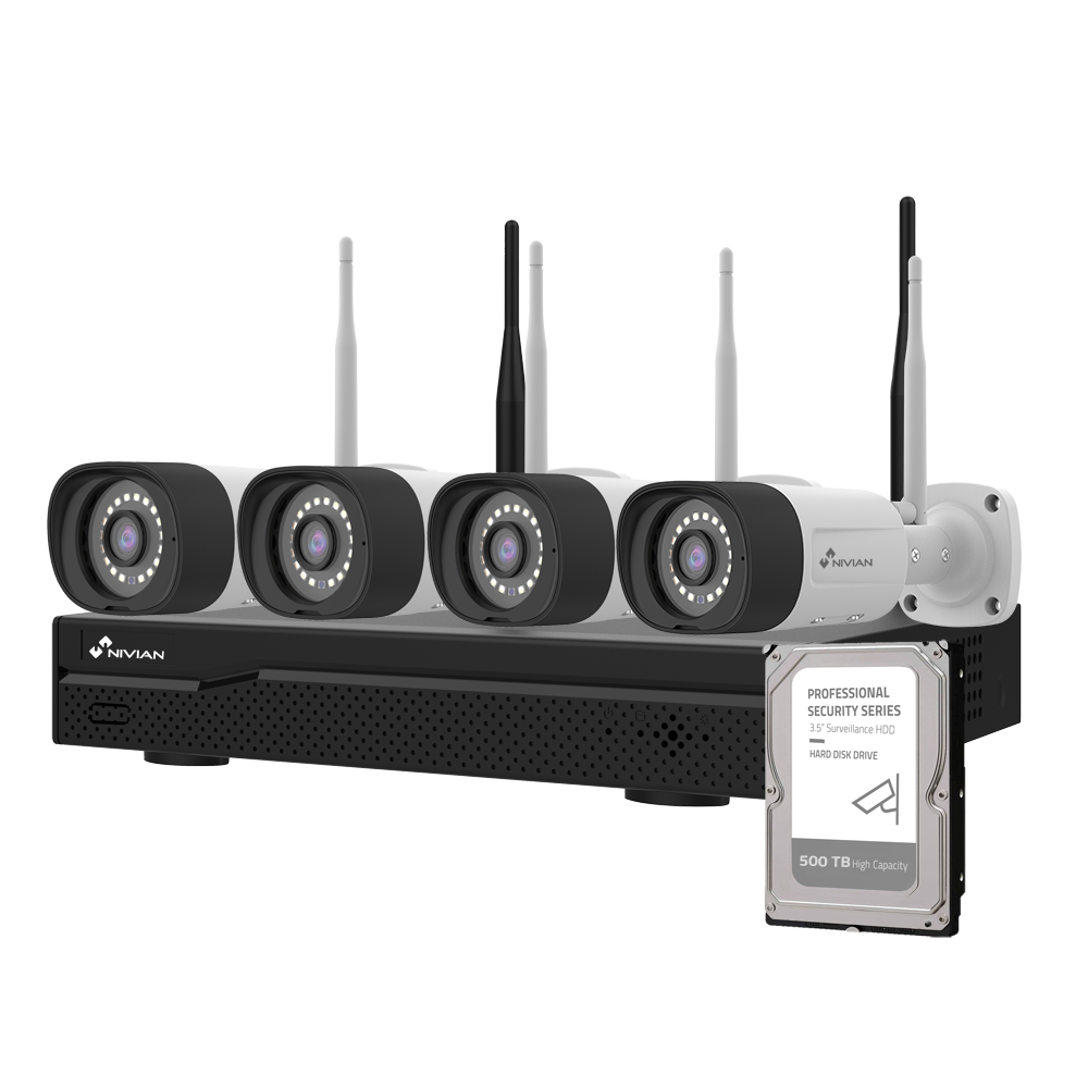 Nivian WiFi CCTV-kit - NVR 10 kanaler - 4 forregistrerede 3 Mpx kameraer - Egnet til udendørs brug IP66 - Inkluderer 1 harddisk 500GB - Esaecloud-app og software