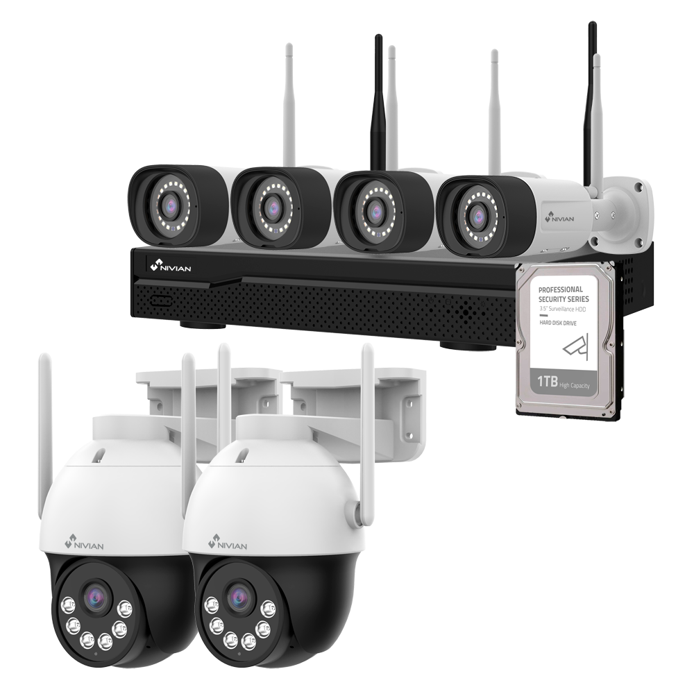 WiFi CCTV-kit Nivian - NVR 10 kanaler - 4 forudkonfigurerede 3 Mpx kameraer + 2 PT-kameraer - IP66 udendørskameraer - Inkluderer 1 stk. 1TB harddisk - App og software Eseecloud