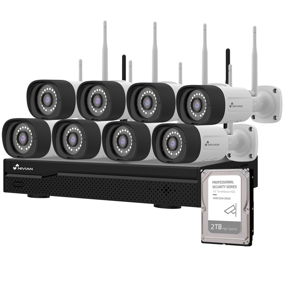 Nivian WiFi CCTV-kit - NVR 16 kanaler - 8 forregistrerede 3 Mpx kameraer - Egnet til udendørs brug IP66 - Inkluderer 2TB harddisk - Esaecloud App og Software
