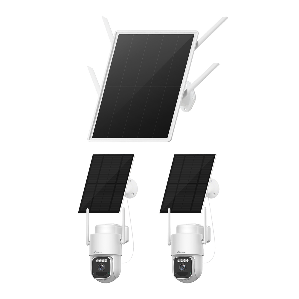 Nivian Kit CCTV 4G Solar 4MP - NVR 4-kanal autonom batteri 30000mAh og panel 25W - Motoriserede PT-kameraer 4MP med batteri 7800mAh - 4G LTE Cat.4 og WiFi6 dual-band forbindelse - Understøtter MicroSD-kort op til 256GB - Intelligent fjernhåndtering med EseeCloud-app