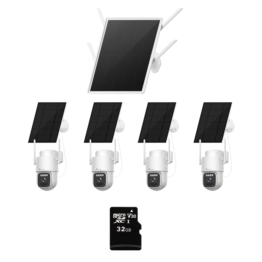 Nivian Kit CCTV 4G Solar 4MP - NVR 4-kanals autonom med batteri 30000mAh og panel 25W - Motoriserede PT-kameraer 4MP med batteri 7800mAh - 4G LTE Cat.4 og WiFi6 dual-band forbindelse - Inkluderer MicroSD 32GB - Intelligent fjernkontrol med EseeCloud app