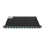 1U patchpanel til 19-tommers rack - Inkluderer 12 præinstallerede LC duplex-adaptere - APC-polering for minimalt refleksionstab - Integreret intern samlingsboks - Leveret uden pigtails - Robust sort exterior