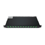 1U-patchpanel til 19-tommer rack - Inkluderer 12 installerede SC simpleks-adaptere - APC-polering for lavt optisk signaltab - Integreret intern forbindelsesboks - Leveret uden gaffeltråde - Robust sort ydre overflade