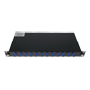 1U patchpanel til 19-tommer rack - Inkluderer 12 installerede SC simplex adaptere - UPC-polering for lav optisk signaltab - Integreret intern forbindelsesboks - Leveret uden pigtails - Robust sort overflade