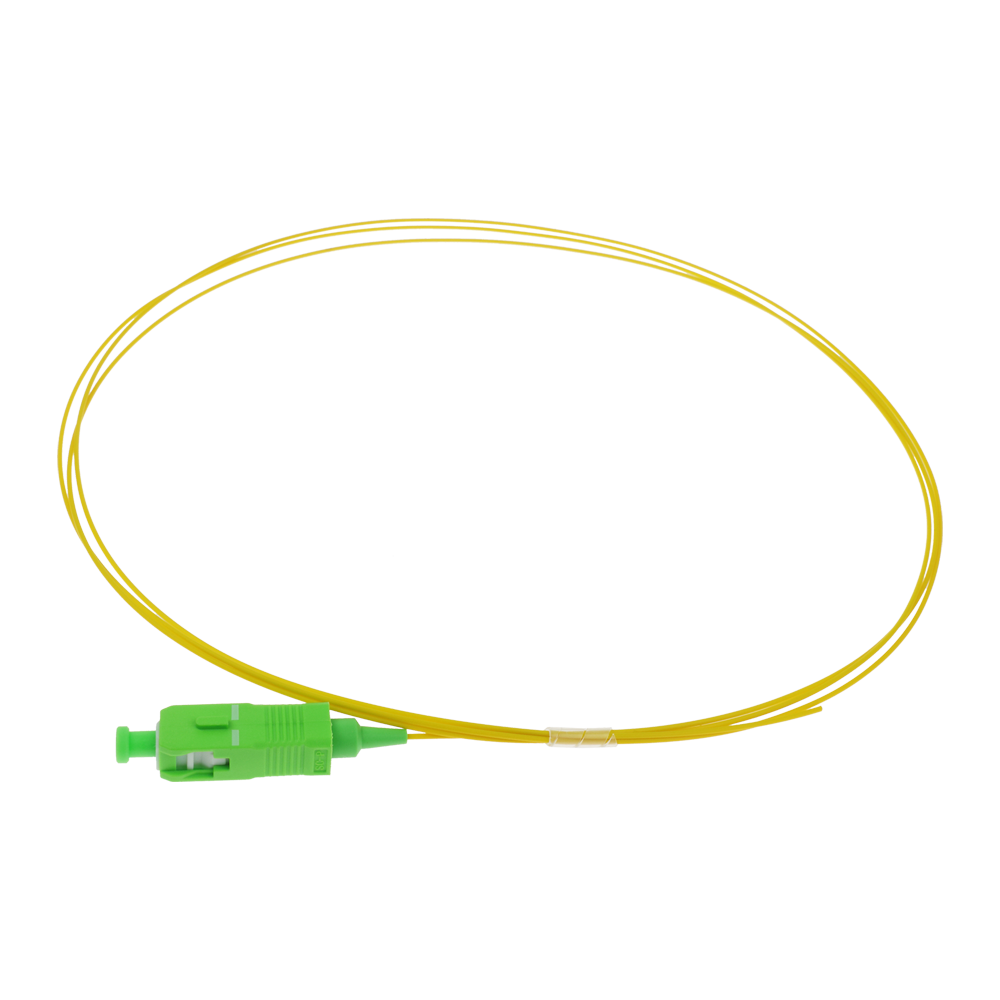 Simpleks fiberoptisk pigtail - Højydelses single-mode fiber G657A2 - SC-stik med APC-polering - Ultratyndt diameter på 0,9 mm (tight buffer) - Eksakt længde på 1,5 meter - Gul LSZH yderjacket