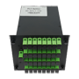 Højpræcisions-PLC optisk splitter - Konfiguration 1x32 (1 indgang, 32 udgange) - Højperformance single-mode fiber G657A2 - Integrerede lavtabs APC SC-stik - Kompakt og robust modulært kassettformat - Sort overfladebehandling
